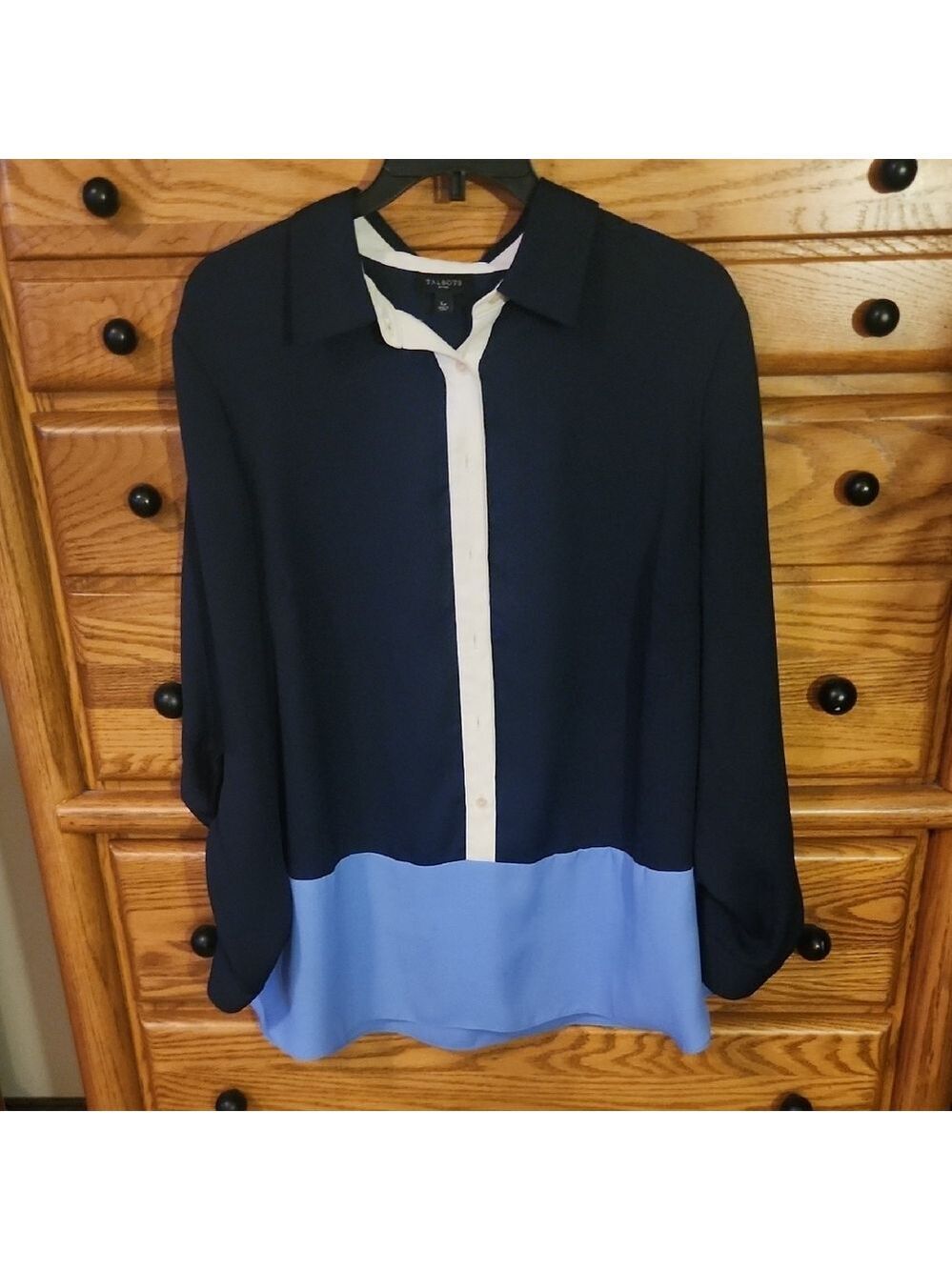 Talbots Women's Button Down Shirt in Blue Colorblock Lightweight Large Petite